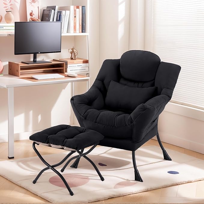 Lazy Chair with Ottoman, Comfy Fabric Accent Lounge Arm Chair with Lumbar - Image 2