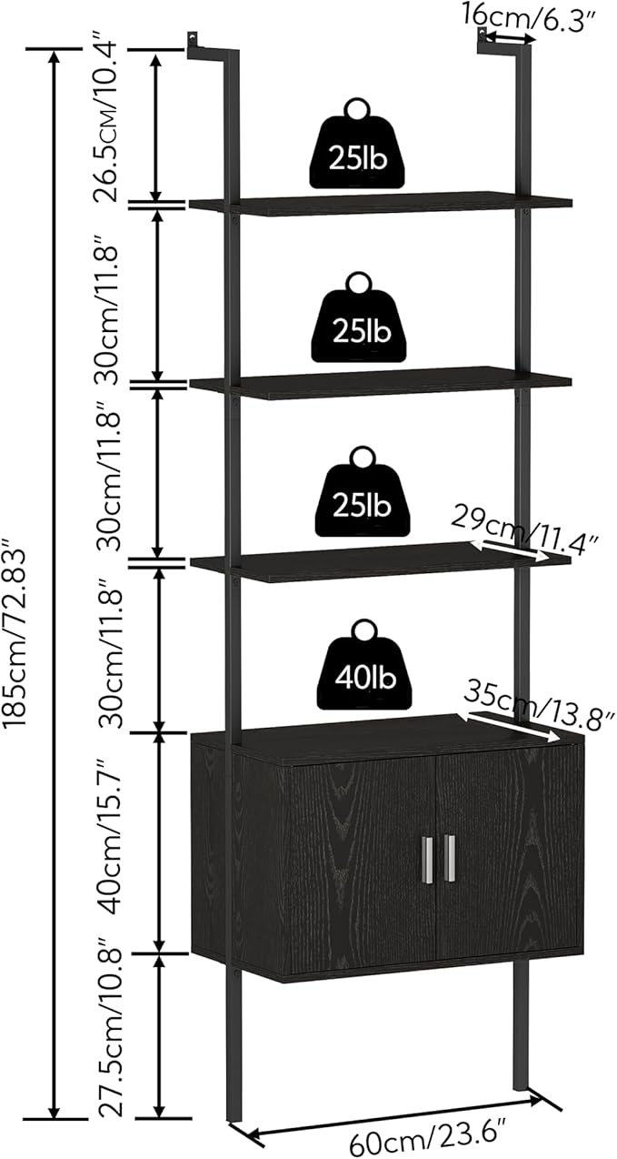 Yusong 73" Tall Bookshelf with Cabinet, Industrial Ladder Wall Mount Shelf - Image 2