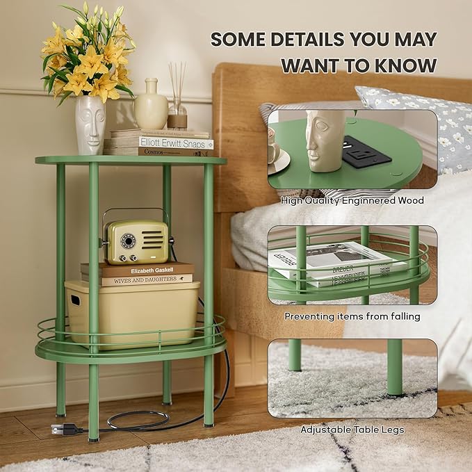 Small Round Side Table with Charging Station, Bedside Table with 2 USB Ports - Image 4