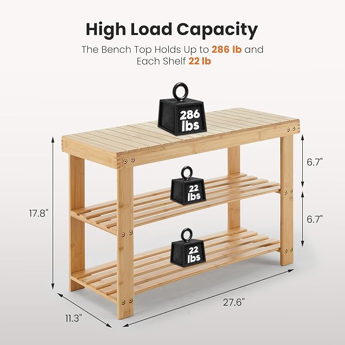 Sweetcrispy Shoe Rack Bench, 3-Tier Bamboo Entryway Storage Organizer, 286lb - Image 3