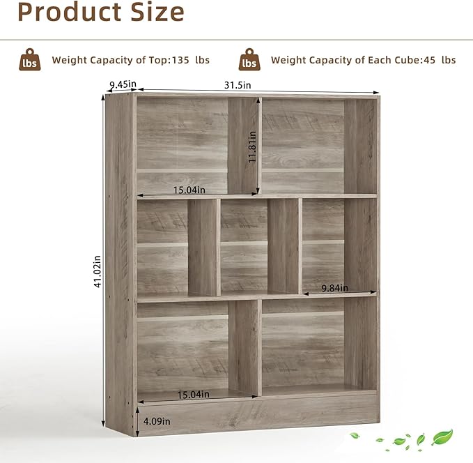 LEYAOYAO 7 Cube Bookshelf with Base, 3 Tier Mid-Century Modern Grey Bookcase - Image 2