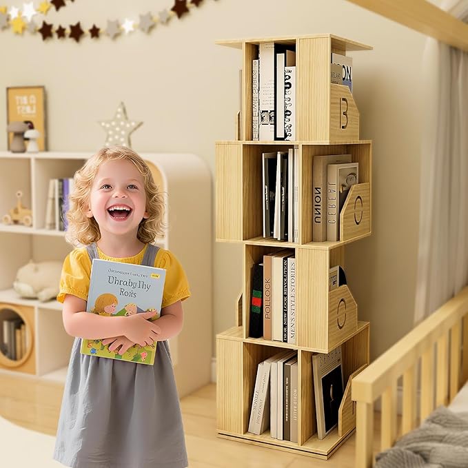 4 Tier Kids Rotating Bookshelf, Premium Pine Wood Space Saving Bookshelf Holds - Image 2