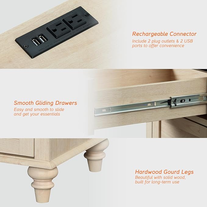 WAMPAT Beige End Table with Charging Station, Wooden Side Table with Storage - Image 6