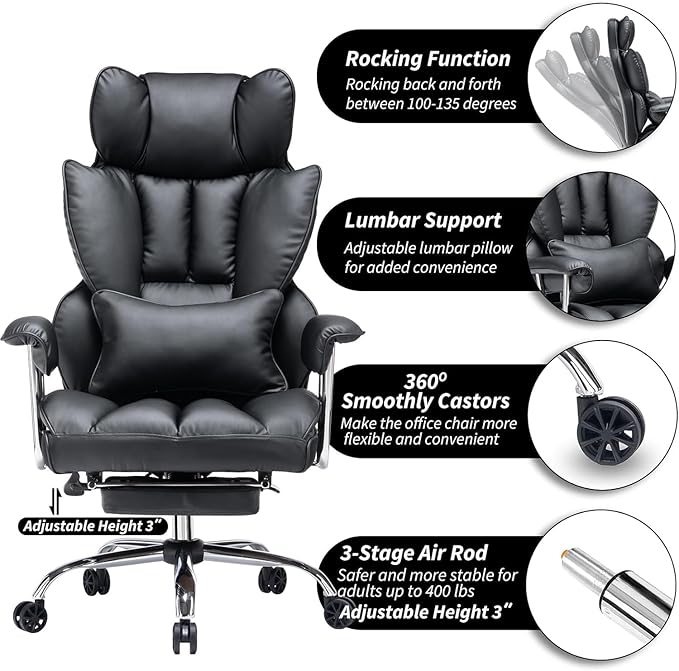 Efomao Desk Office Chair 400LBS, Big and Tall Office Chair, PU Leather Computer - Image 7