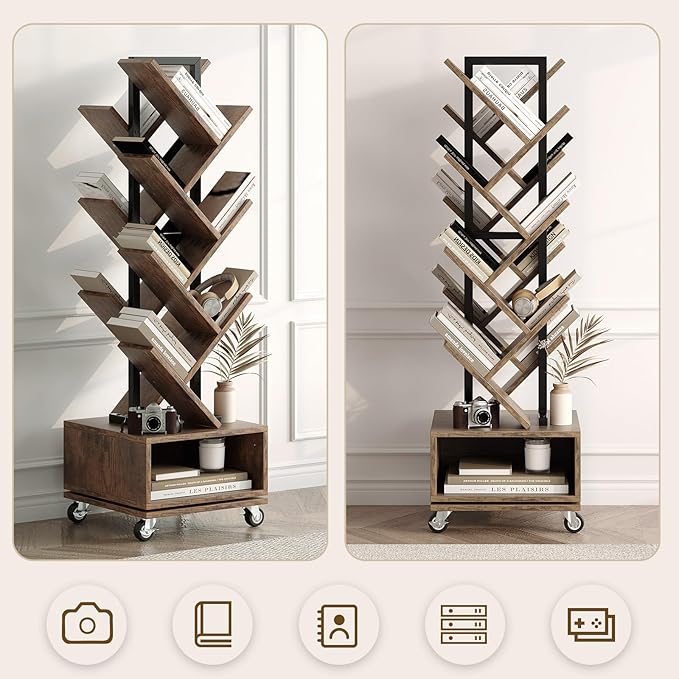 49" Rotating Tree Bookshelf, 7 Tier Double Sided Shelf, Wood Corner Bookshelf - Image 6
