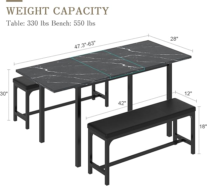 VECELO 3-Piece 63" Extendable Kitchen Table - Image 6
