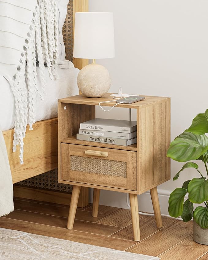 Rattan Nightstand with Charging Station, Small Night Stand, Side Table with - Image 3
