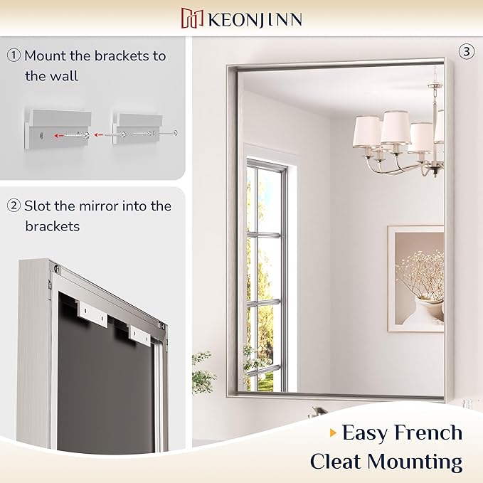 Keonjinn 16 x 24 in Brushed Nickel Bathroom Mirror, Rectangular Metal Framed - Image 4