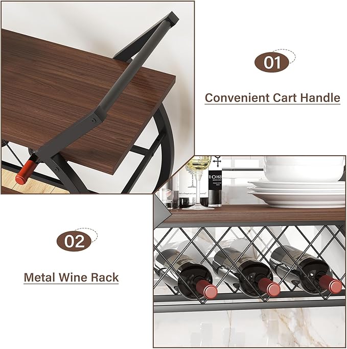LVB Modern Gold Bar Cart, Industrial Rolling Serving Wine Cart - Image 9