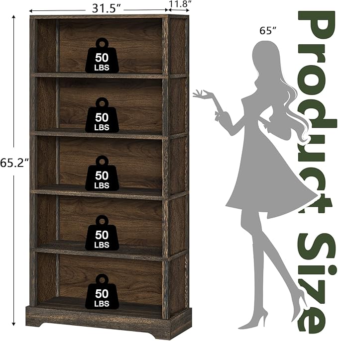 TVU 5-Shelf Wood Bookcase, 65 Inch Tall Bookshelf - Image 3