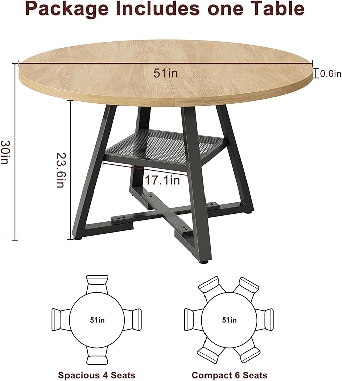 51'' Round Dining Table for 6, Kitchen Dining Room Circle Dinner Pedestal Table - Image 2