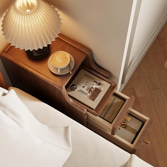 Small Nightstand with Drawers, Solid Wood Bedside Table, Narrow Walnut - Image 3