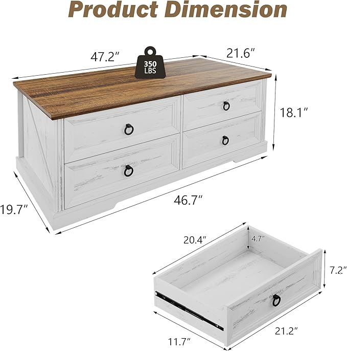 Farmhouse Coffee Table with Drawers 47 in Living Room Tables with Storage - Image 2