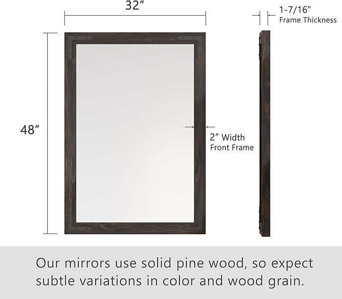 VocalStar Black Wood Framed Mirror 48 x 32 Inch, Rustic Natural Black Wooden - Image 6