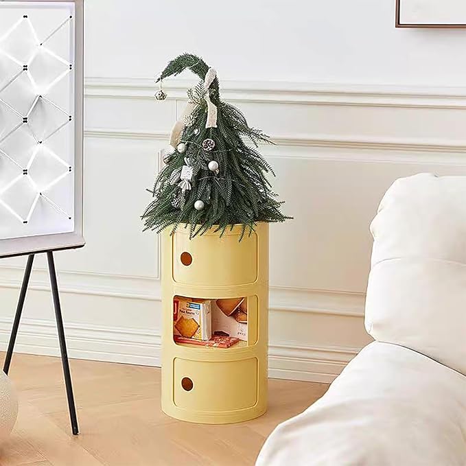 3 Tier Round Nightstand with Drawers, Light Yellow Round Side Table Small - Image 2