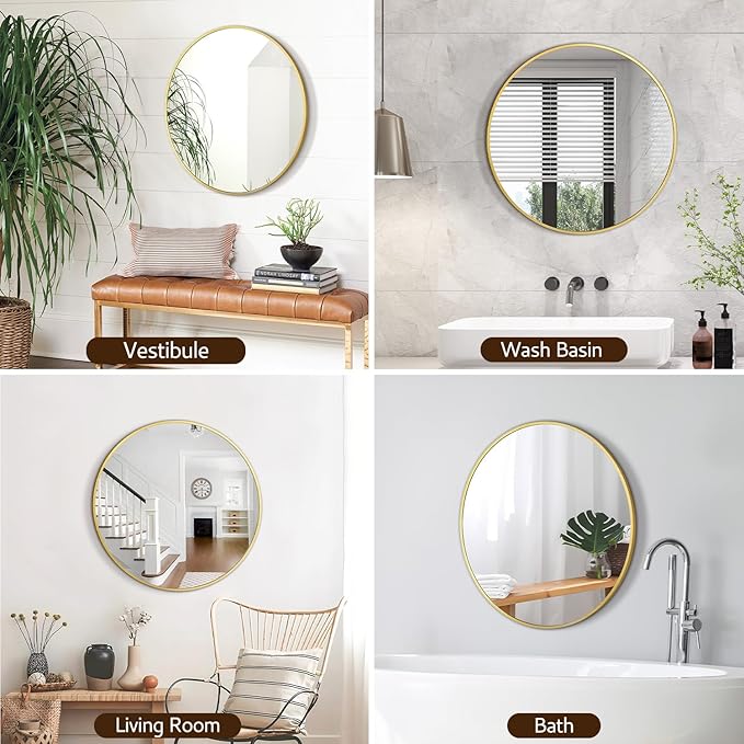 Round Mirror 24 Inch Gold Round Bathroom Mirror Wall Mirror Brushed Metal Frame - Image 6