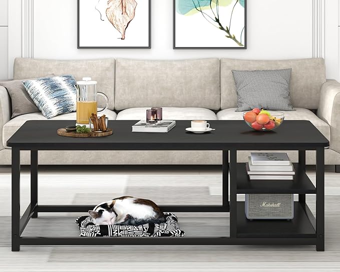 EXCEFUR Black Coffee Table, Rustic Wood Living Room Table - Image 3