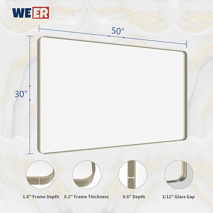 WEER 50X30 Inch Brushed Nickel Bathroom Mirror, Brushed Silver Metal Frame - Image 6