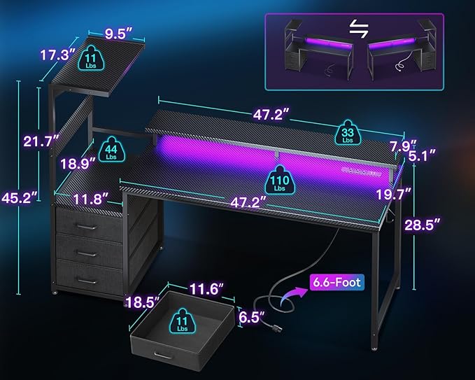 AODK 59 Inch Gaming Desk with USB Charging Ports & LED Light- Reversible - Image 3