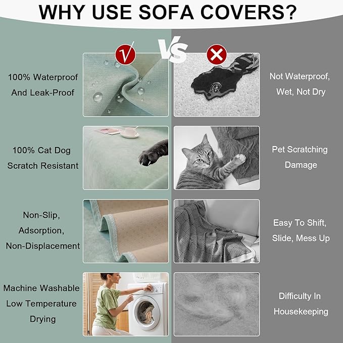 STACYPIK 100% Waterproof Sea Green Sofa Covers, Couch Cover - Image 2
