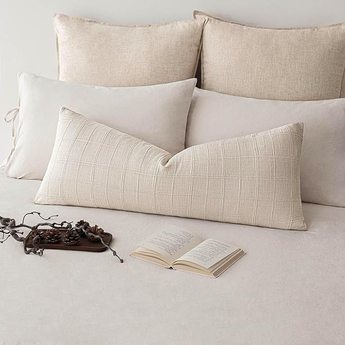 Foindtower Set of 2 Decorative Linen Check Throw Pillow Covers Neutral Long - Image 6