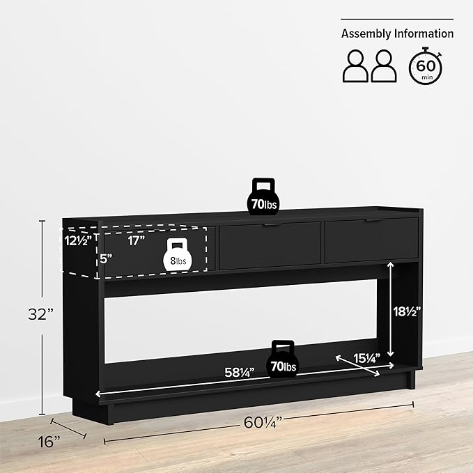 Prepac Black Simply Modern Entryway Table, Narrow Console Table - Image 2