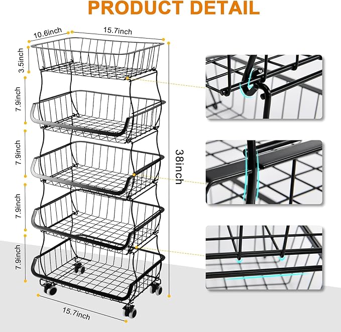 Fruit Vegetable Storage Basket, 5 Tier Stackable Metal Wire Storage Baskets - Image 5