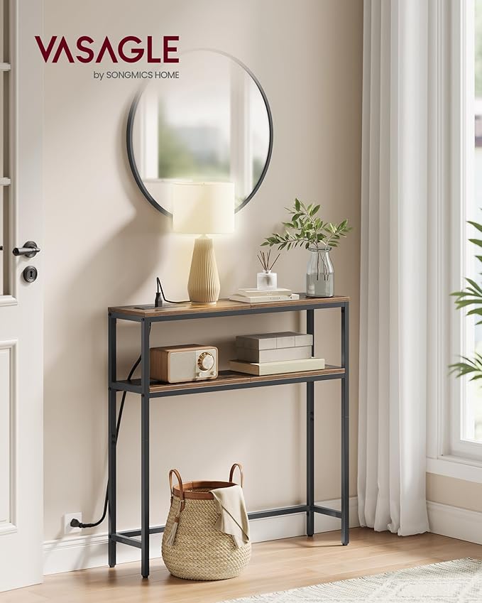 VASAGLE Console Table with Power Outlet, 2-Tier Narrow Sofa Table with 2 Shelves - Image 2