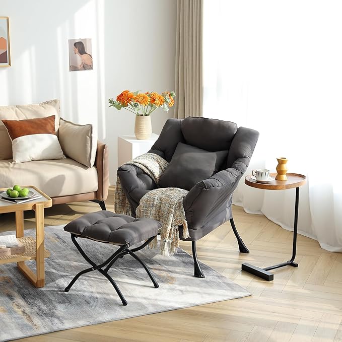 Lazy Chair with Ottoman, Comfy Reading Lounge Chair with Footstool & Throw - Image 2