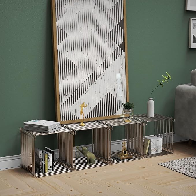 Square Geometry Retro Side Table Prime-Stainless Steel Linear Metal End Table - Image 6