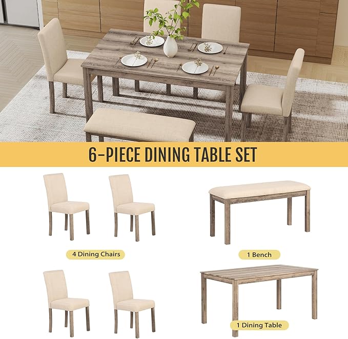 6-Piece Solid Wood Dining Table Set, Including 1 Dining Table, 4 Upholstered - Image 4