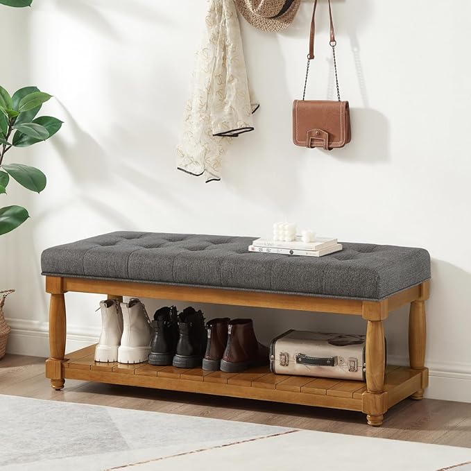 24KF Large Rectangular Upholstered Tufted Bed Bench, Linen Fabric Storage - Image 3