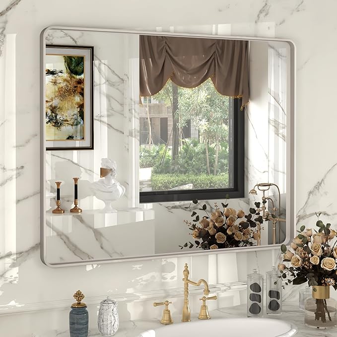 40x32 Inch Brushed Nickel Bathroom Mirror, Brushed Silver Metal Framed Wall by VANLIOBathroomMirror