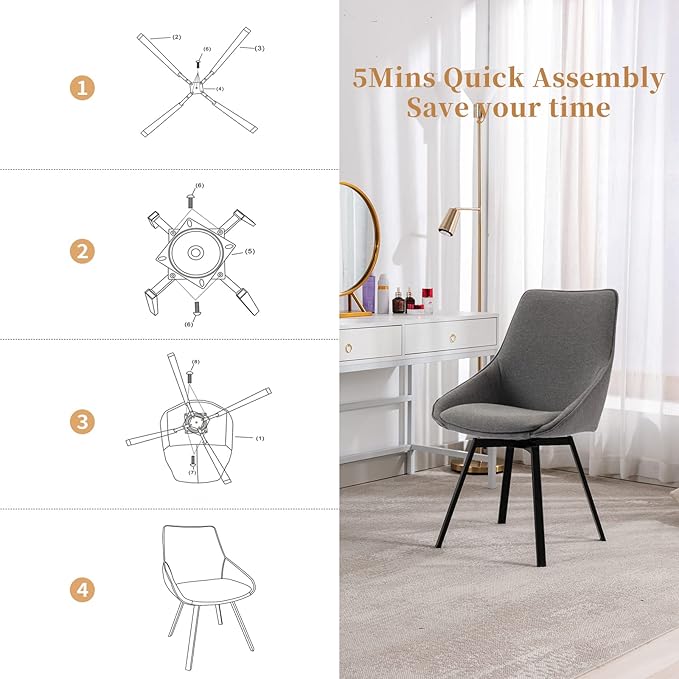 Dining Chairs Set of 2 Dark Grey Living Room Chairs Fabric Upholstered Kitchen - Image 4
