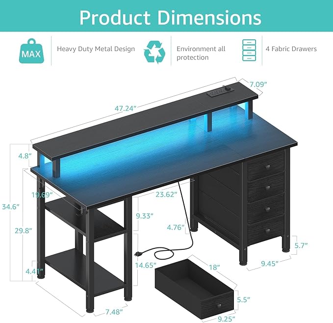 Lufeiya Black Gaming Desk with LED Lights and Power Outlets, 47 inch Computer - Image 3