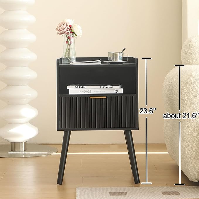 AWASEN Black Fluted Nightstand, Modern Bedside Table - Image 3