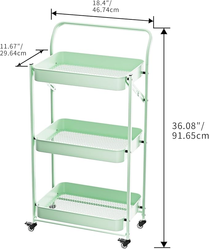 JAQ Foldable Rolling Cart, 3-Tier Metal Folding Storage Utility Carts Basket - Image 3