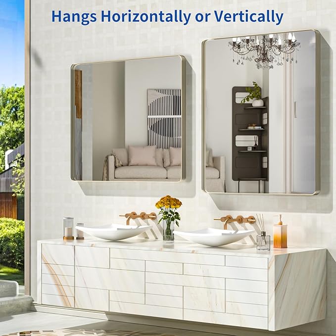 WEER 36X30 Inch Brushed Nickel Bathroom Mirror, Brushed Silver Metal Frame - Image 5