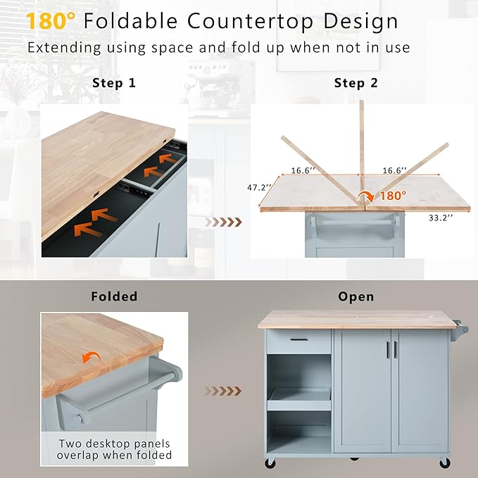 49" Kitchen Island with Foldable Counter Top, Kitchen Storage Cart W/Slide-Out - Image 5