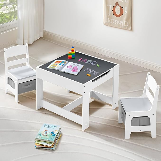 Kids Table and Chairs Set, 4 in 1 Wooden Kids Table by CuFun