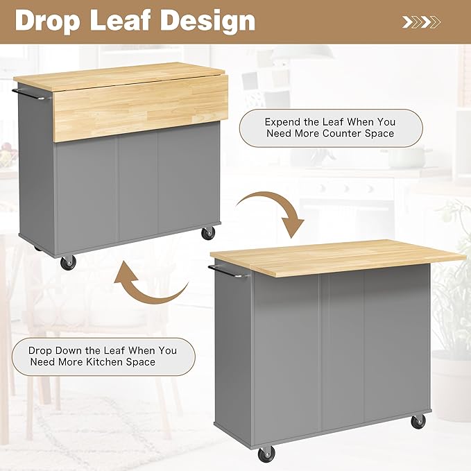 Shintenchi Kitchen Island with Folding Drop Leaf, Rolling Island Table with - Image 3