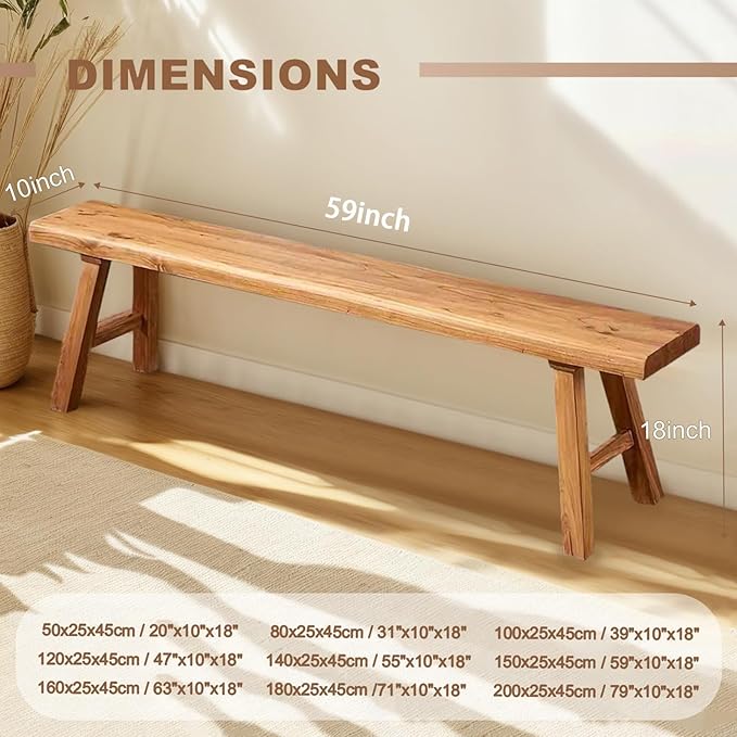 Farmhouse Solid Wood Bench: Long Rustic Indoor Narrow Wooden Bench - Image 2