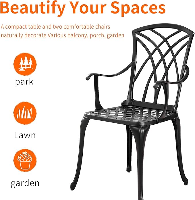 Outdoor 3 Piece Bistro Set Cast Aluminum Bistro Table and Chairs Set of 2 - Image 4