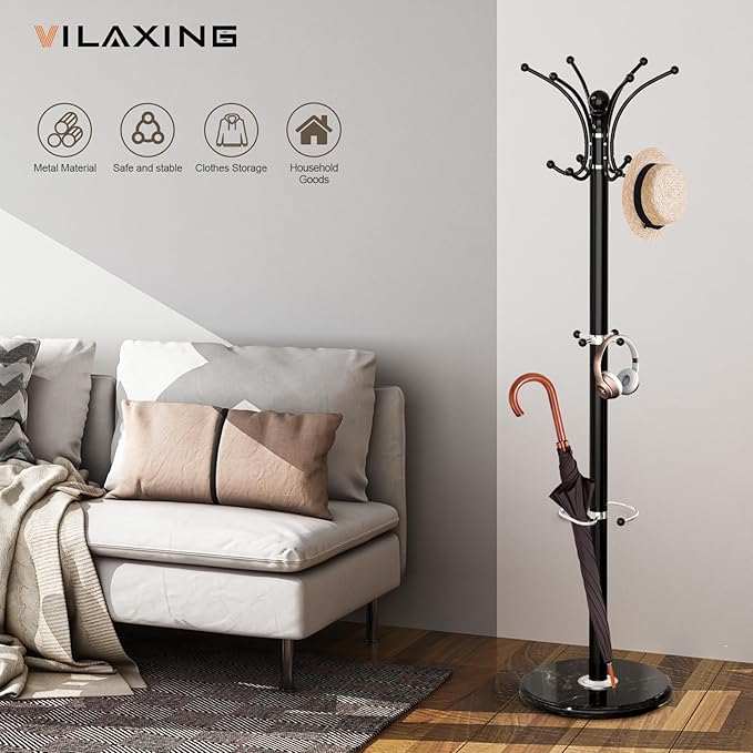 Coat Rack Freestanding with Marble Base, Heavy Duty Clothes Tree with Hooks and - Image 4