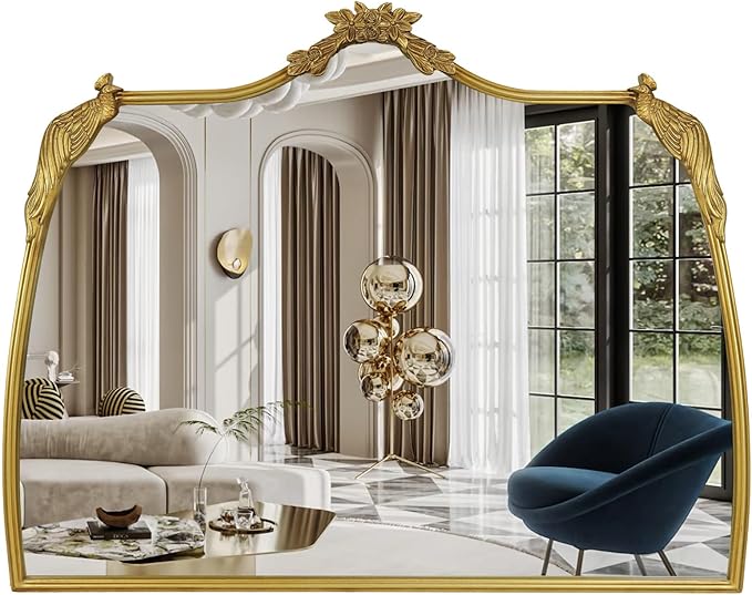 Baroque Mirror with Gold Vintage Decoration, Antique Brass Wall Mounted Mirror by Oujchenghome