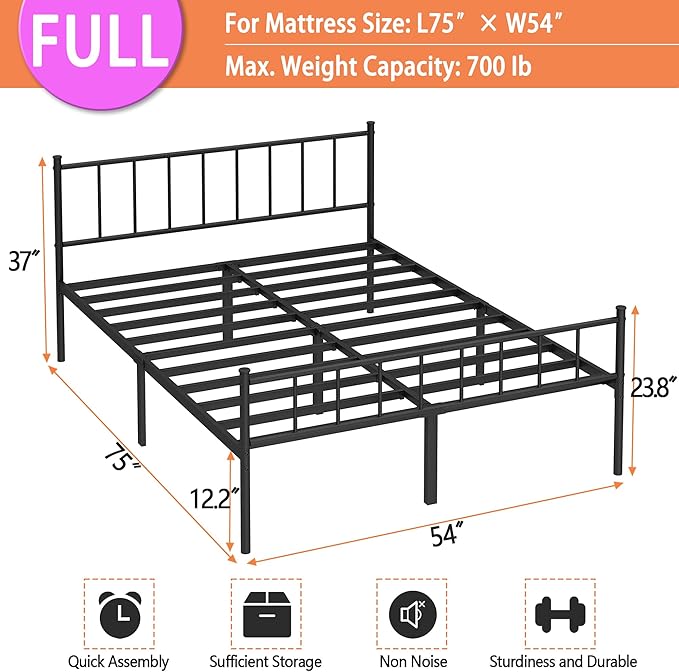 Full Bed Frame-Classic Metal Platform Bed Frame, Mattress Foundation - Image 2