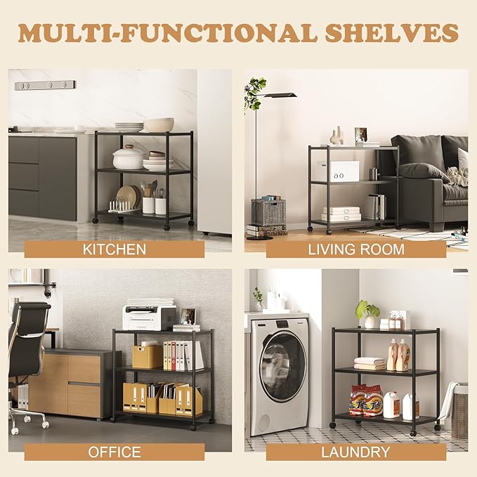ZZL 3 Tier Small Bookshelf 31.49" Width, Metal Bookcase w/Wheels, Industrial - Image 6