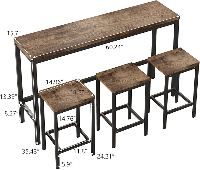 KEIKI 60.24” Long Bar High Top Dining Table and 3 Stools Chairs Set, Wood - Image 2