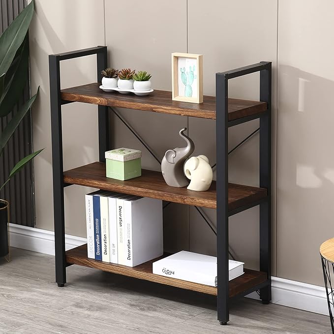 Natural Real Solid Wood Bookcase, 3 Tier Metal and Wood Open Book Shelf Storage - Image 3