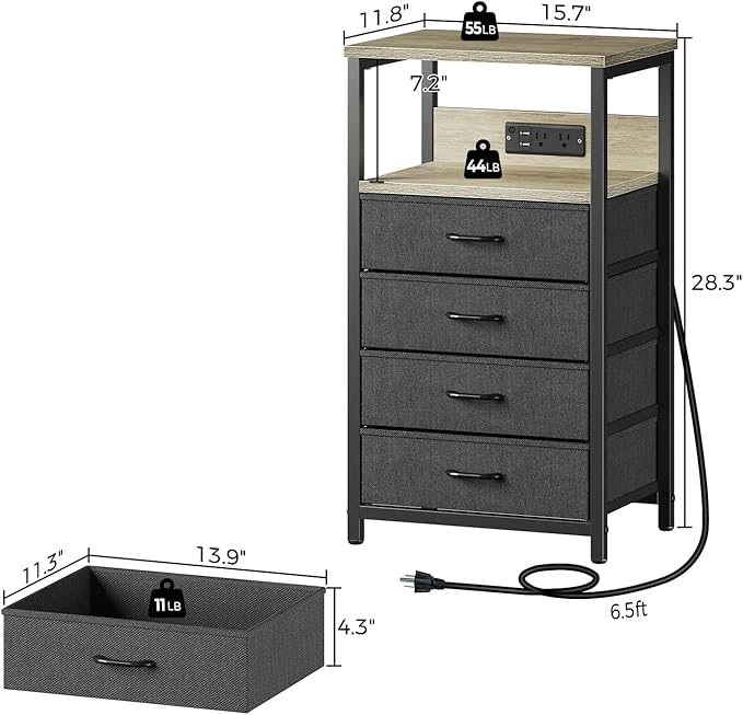 Seventable Night Stand with Charging Station, Tall Nightstand with 4 Fabric - Image 3